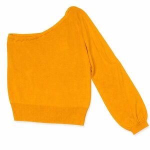 Willow & Root Mustard Yellow One Shoulder Sweater Top Boho Balloon Sleeve M NWT